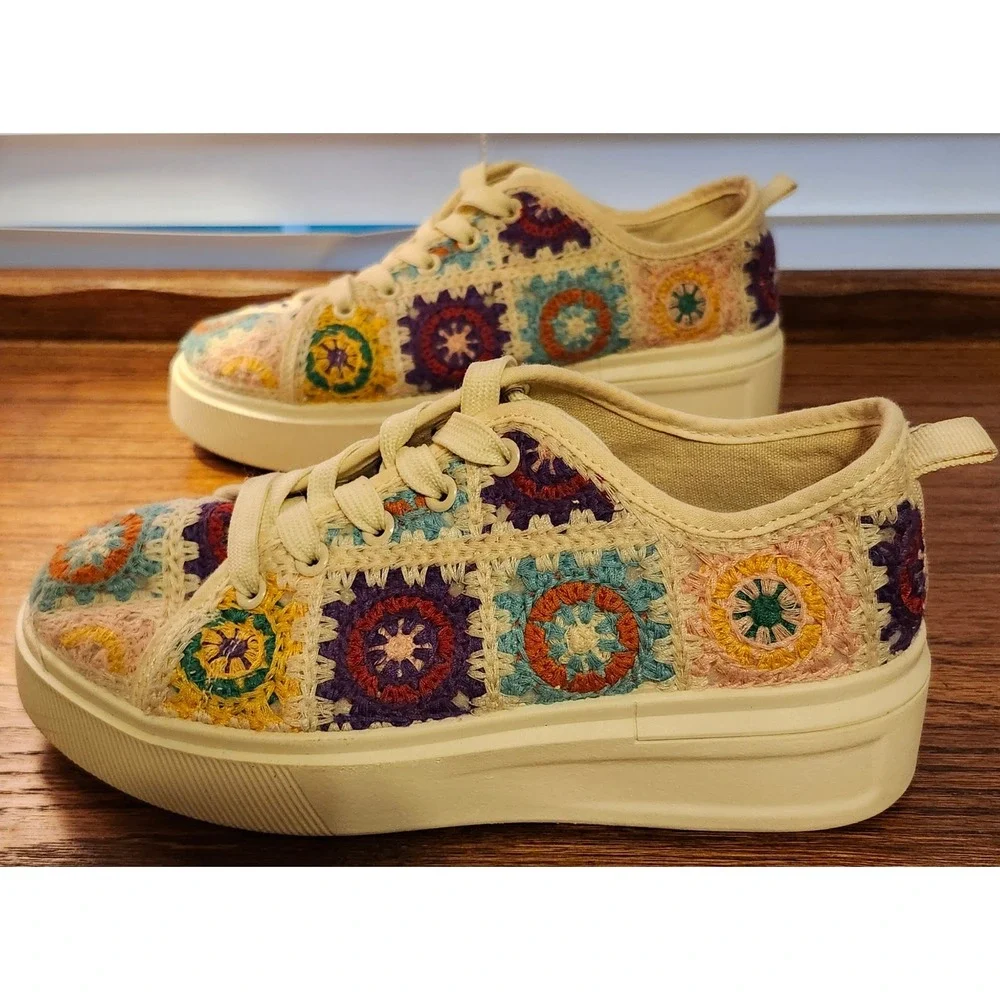 Mata Shoes Crochet Granny Square Platform Sneakers Multicolored Boho Womens 6